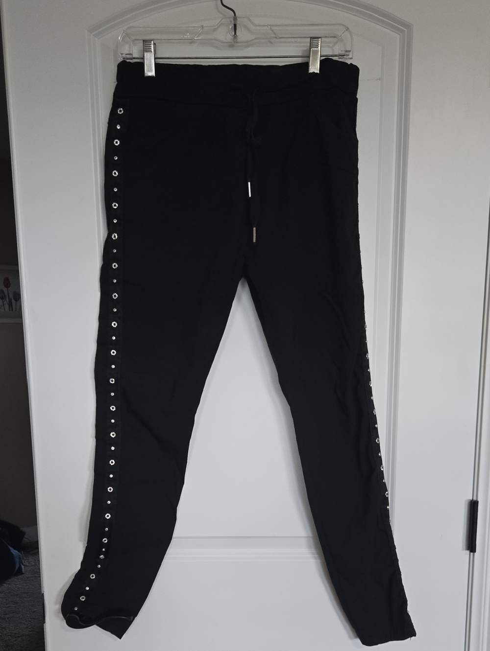 Venti6 Premium Black Crinkle Jogger Pants with Silver Rhinestone Eyelet Trim
